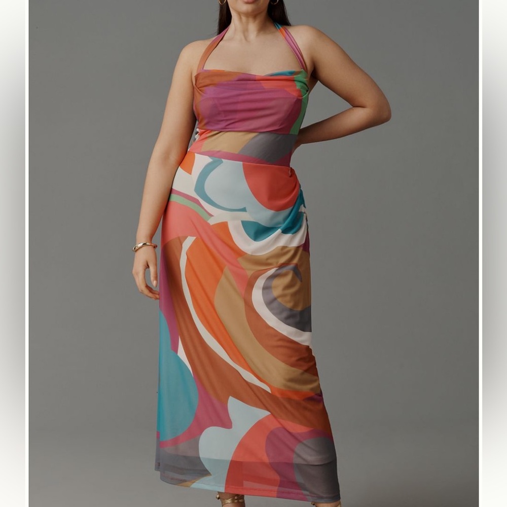 Anthropologie Square-Neck Halter Midi Dress Colorful SIZE XL NEW